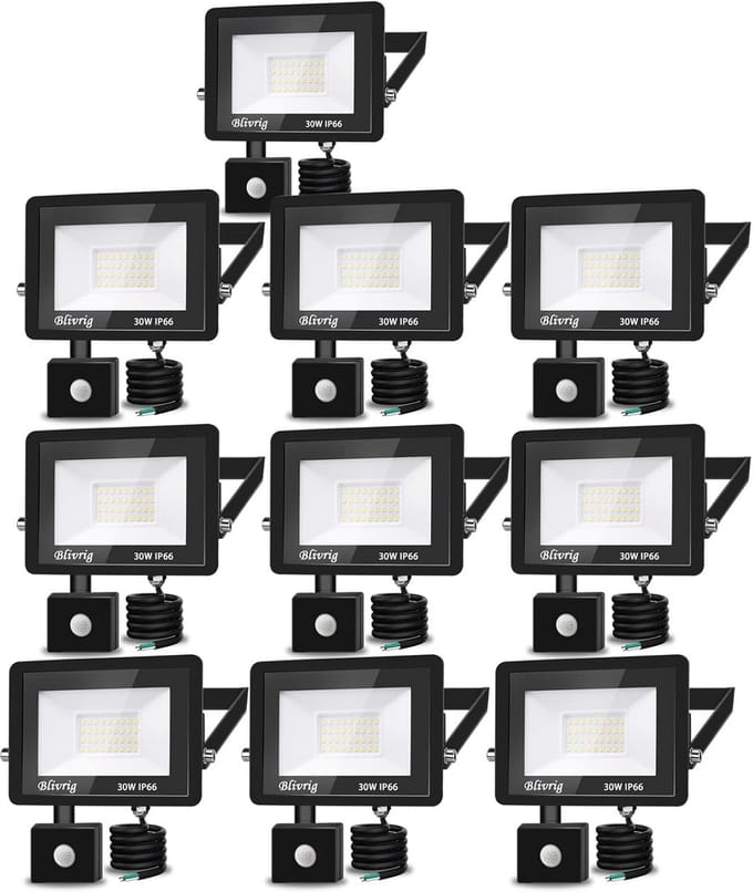 10x Krachtige 30W LED Buitenlamp met Bewegingssensor - 3000lm Waterproof IP66 Koud Wit 6000K