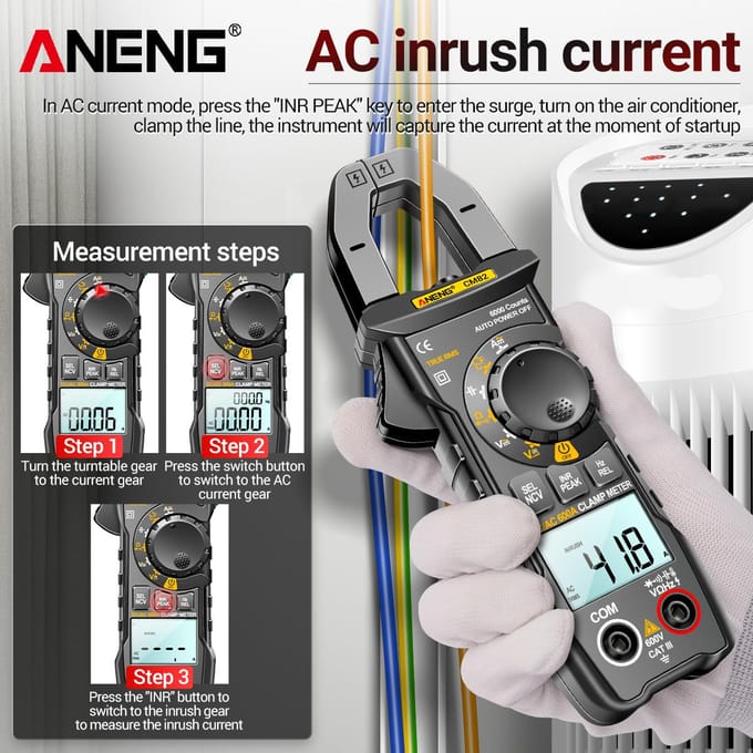 ANENG CM82 Digitale stroomtang 6000 tellingen True RMS NCV Universele meter 600V DC/AC-spanning 600A zwart