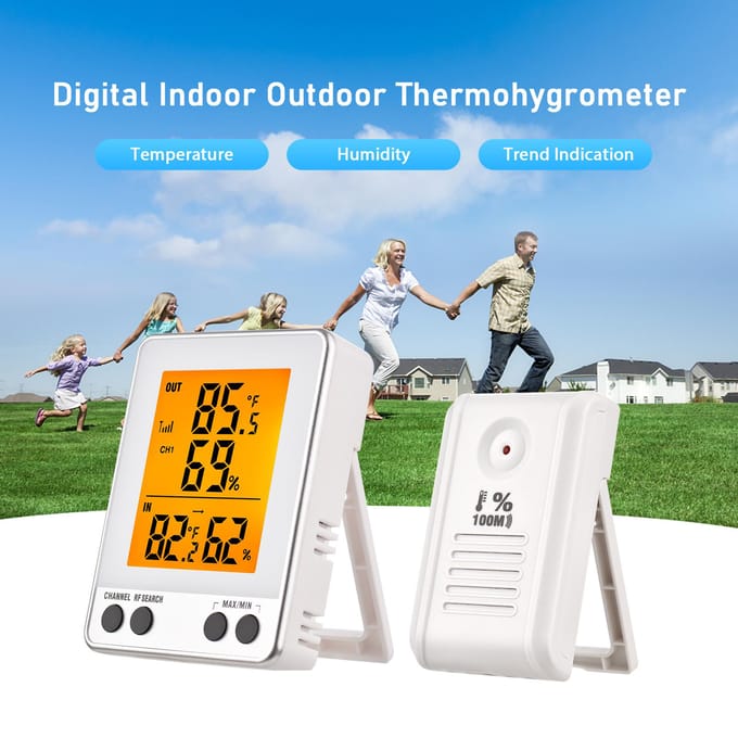 Digitale Thermo-hygrometer voor Binnen en Buiten met Afstandsbediende Sensor 328ft 100m Achtergrondverlichting Thermometer wit