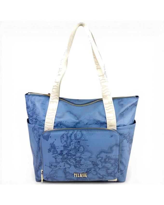 Alviero Martini First Class Inpakbare Winkelmand Vrouw Blauw Jeans Zachte Kleur Geo Classic Stof