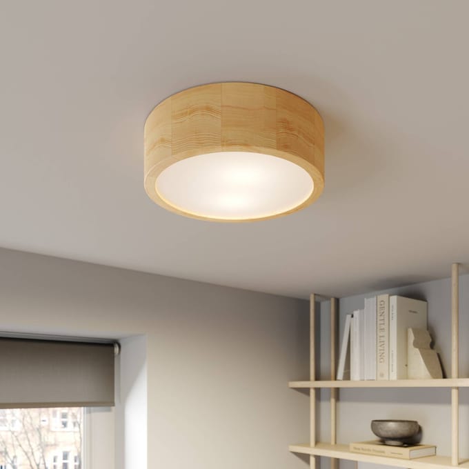 TEMAR LIGHTING Cleo plafondlamp, Ø 27,5cm, 2-lamps, dennenhout, E27