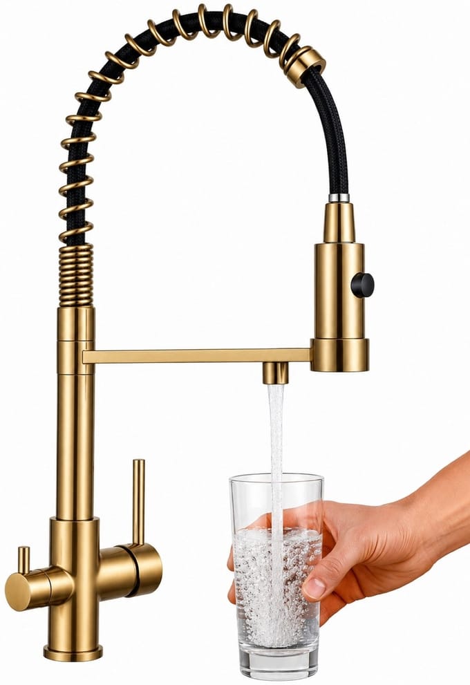3-Weg Keukenkraan Goud met Uittrekbare Spuit & Waterfilter Aansluiting