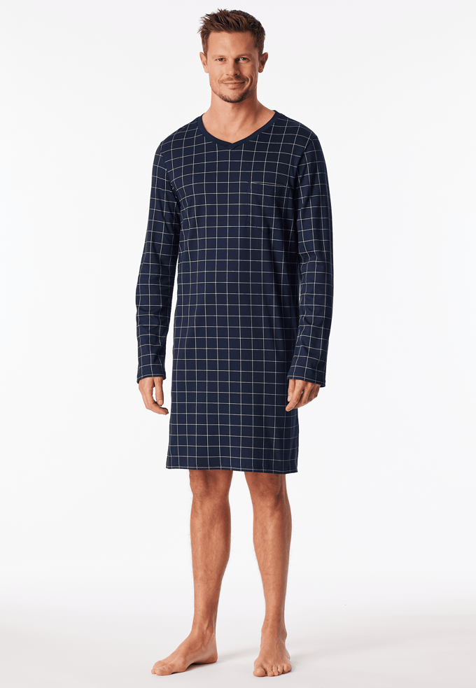 Nachthemd met lange mouwen, interlock, donkerblauw geruit - Fine Interlock 58