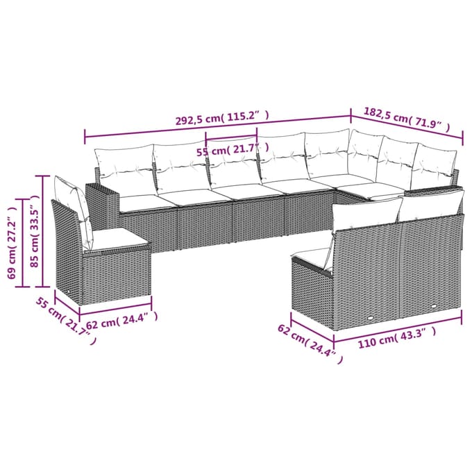 vidaXL - 10-delige - Loungeset - met - kussens - poly - rattan - grijs