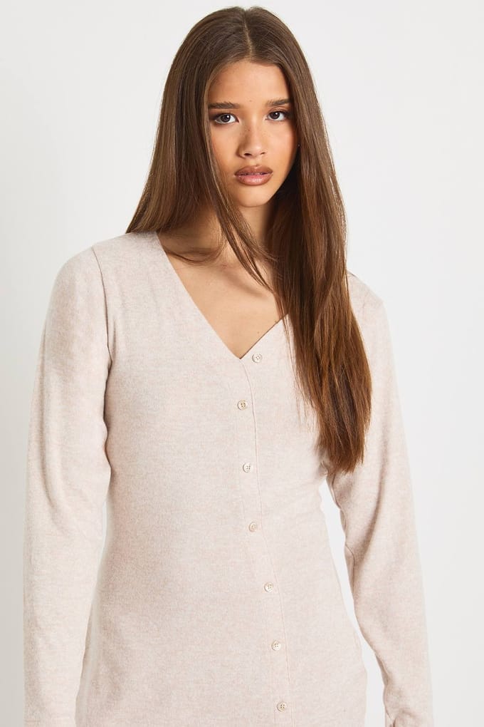 boohoo Dames Mini jurk met knoopsluiting en asymmetrische snit | Havermout | Maat: 40