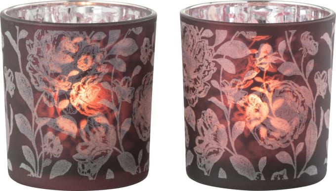 J-Line windlicht Bloemen - glas - paars/zilver - small - 2 stuks