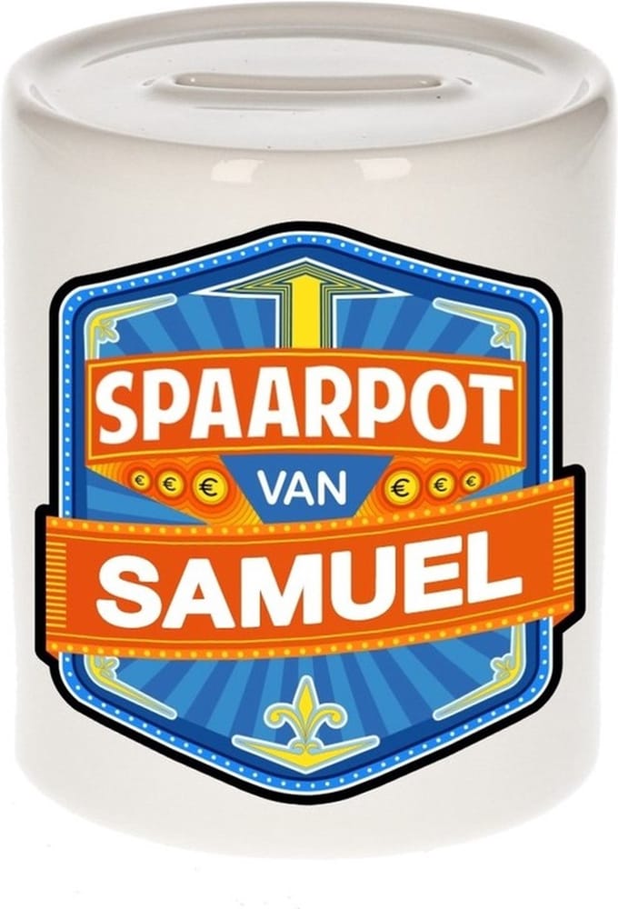 Bellatio Decorations Kinder spaarpot met naam - Samuel - keramiek - met dop - wit - Sparen - Spaargeld van Samuel