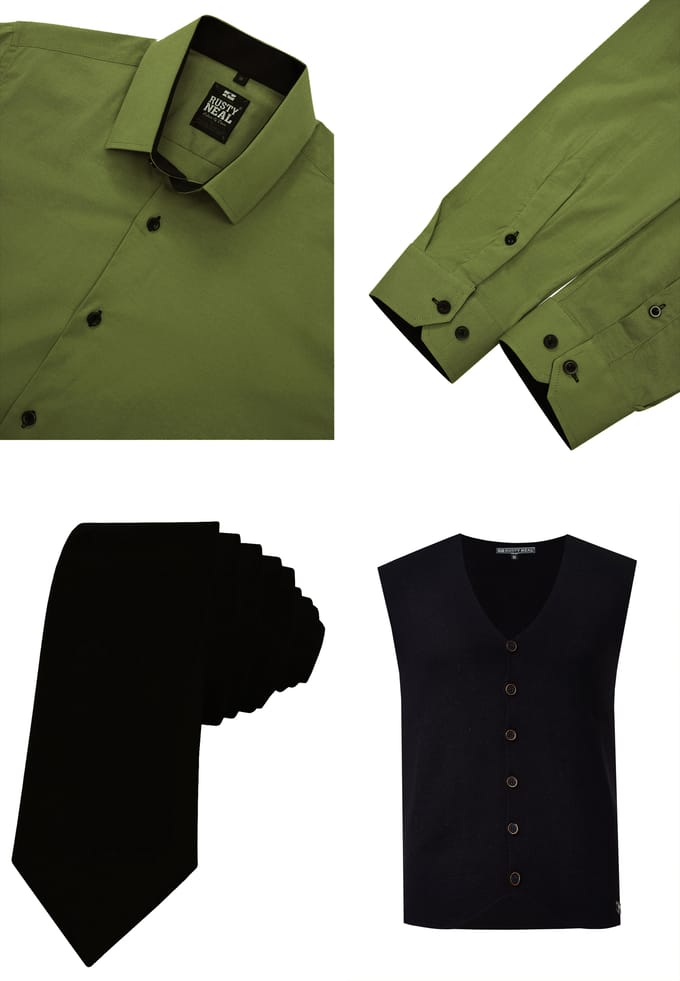 Driedelig pak met overhemd, vest en stropdas