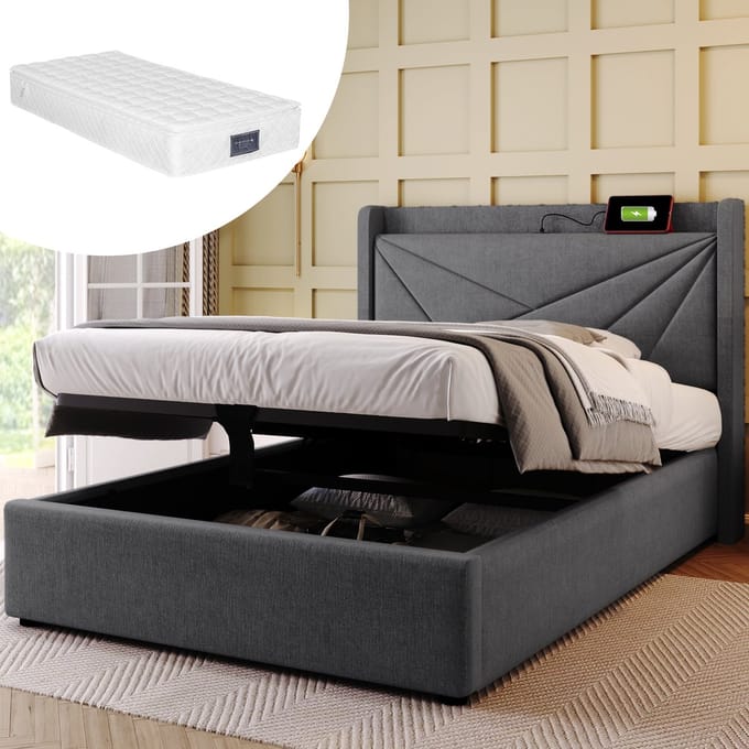 MODFU Bedframe 90x200 cm – Katoen-linnen met geometrisch hoofdbord & USB/Type-C – Hydraulisch – Grijs