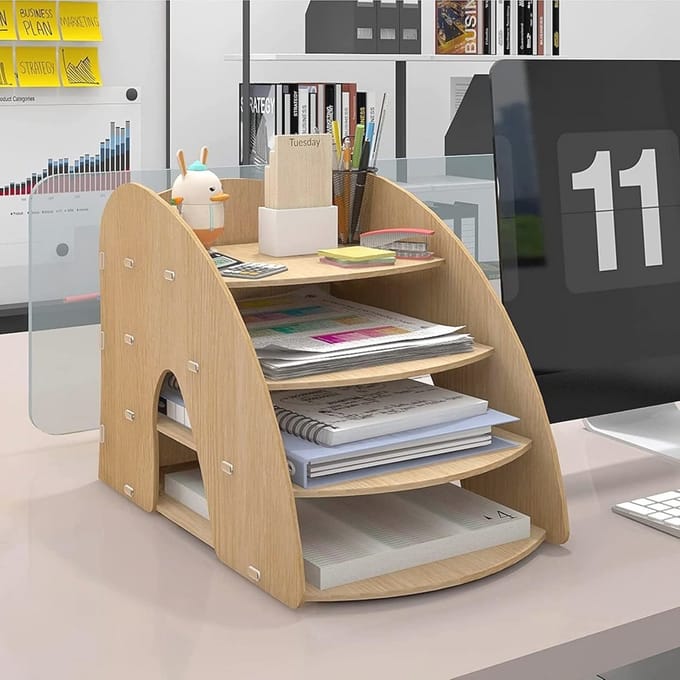 4 Tiers Houten Bureau Organizer voor Documenten