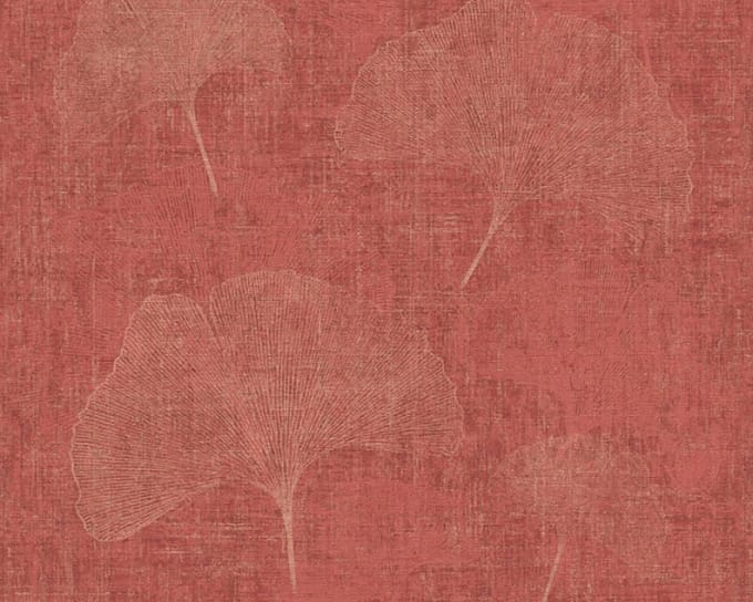 GINGKO BLAD BEHANG - Rood Zilver - AS Creation Borneo