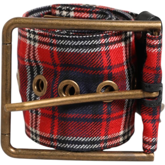 Dolce & Gabbana Rode Geruite Stof Logo Plaat Messing Gesp Riem