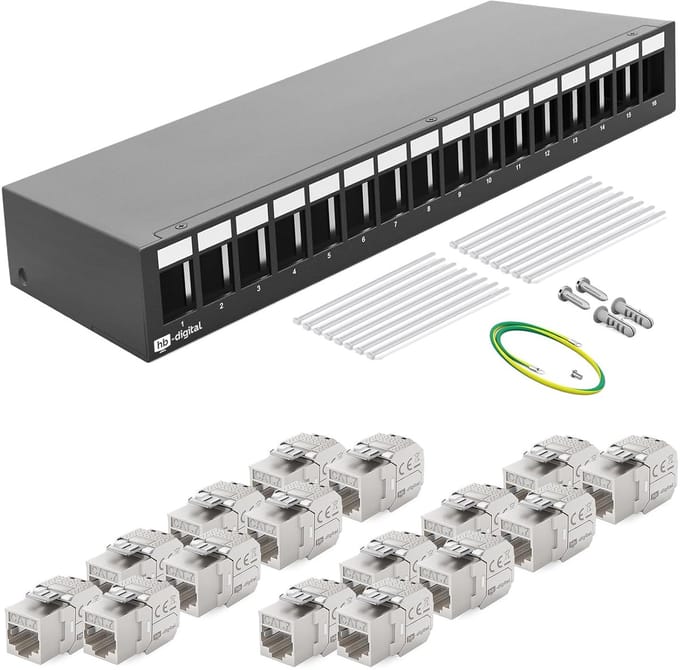 Patchpaneel 16 Poorts CAT7 RJ45 Keystone Modulair Afgeschermd 1U Netwerkverdeler