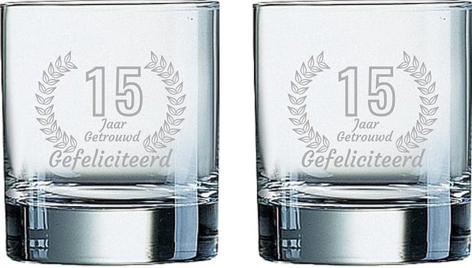 Gegraveerde set Whiskeyglazen 20cl Gefeliciteerd 15 jaar getrouwd
