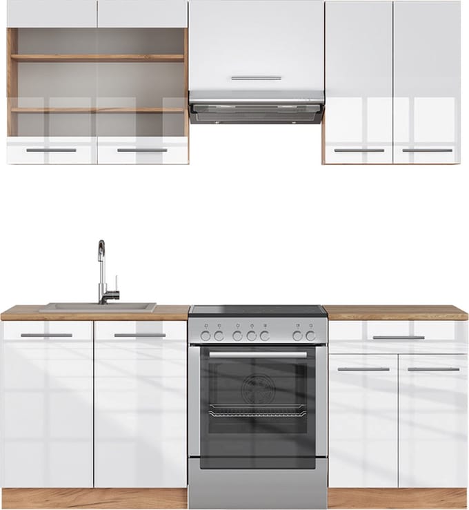 Vicco Fame-Line Complete keukeneenheid – 200 cm, WB Eik Wit hoogglans/goud power eiken