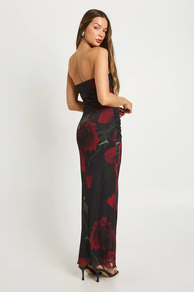 boohoo Dames Mesh Bloemenprint Bandeau Maxi Jurk | Natural Black | Maat: 44