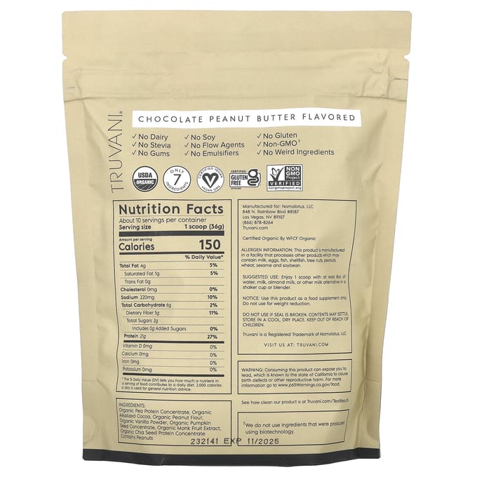 Truvani, Gecertificeerd Biologisch Plantaardig Eiwit, Chocolade Pindakaas, 0,8 lb (365 gr)