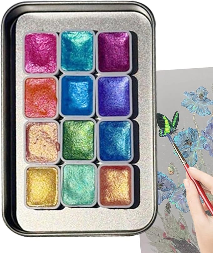 Glitter Aquarelverf - Tekenset Schilderen - Creatieve Expressie - 12 Levendige Kleuren - Compact Formaat - Kleurrijk
