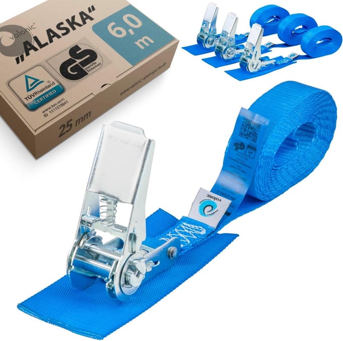 Lashing Straps 4 x 6 m with Ratchet - 800 kg Load Capacity, Padded and TÜV Certified - Blue Strapping for Load Securement
