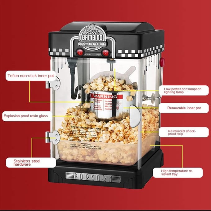 Popcorn Machine - Popcornmaker Snackmaker - Thuisbioscoop - Olievrij poppen - 25 x 28 x 46 cm - Zwart