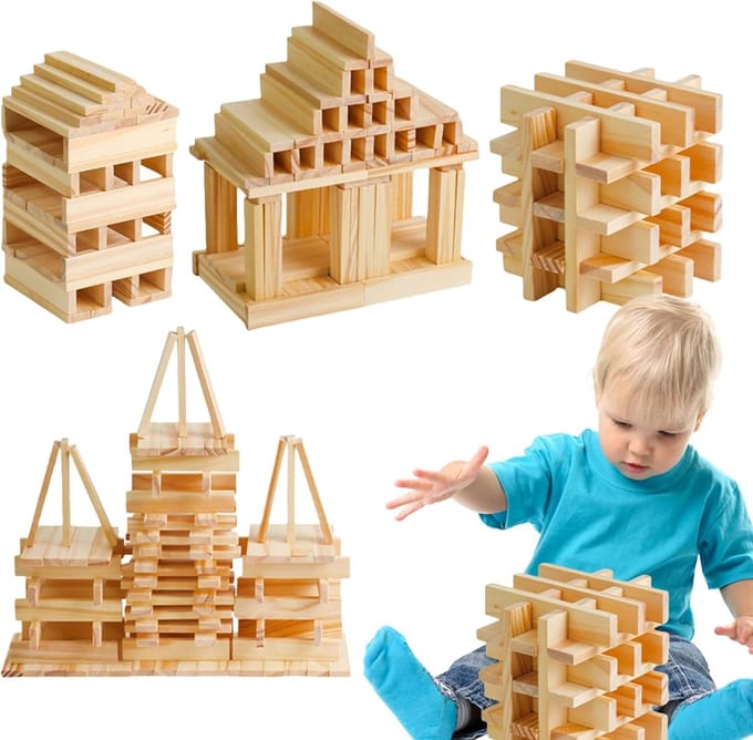 Houten Bouwstenen - Blokken Set - Kinderen Leren Spelen - Balans Constructie - 100 Stuks - Houtkleur