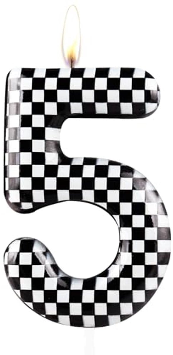 Raceauto Verjaardagskaars voor 5e Verjaardag - Metallic Zwart Wit Geruit Cake Kaars