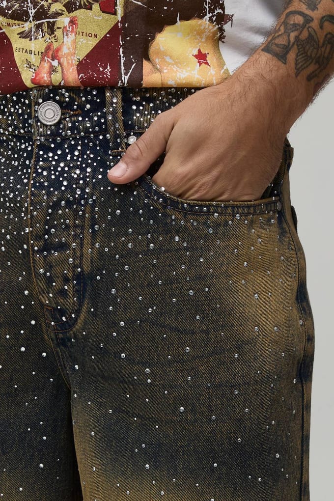Clustered Rhinestone Tinted Denim Jorts | Antique Blue | Size 58