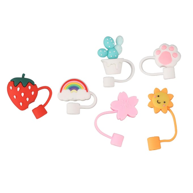 6 Pièces Bouchon de Paille Mignon Dessin Animé Réutilisable Toppers en Silicone Embouts à Boire Couvercles Bouchons Type B white