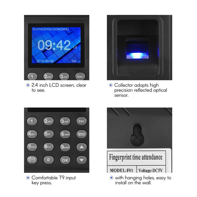 Aibecy Biometrische Vingerafdruk Wachtwoord Aanwezigheidsmachine Meertalig met 2,4 inch LCD-scherm US Plug zwart