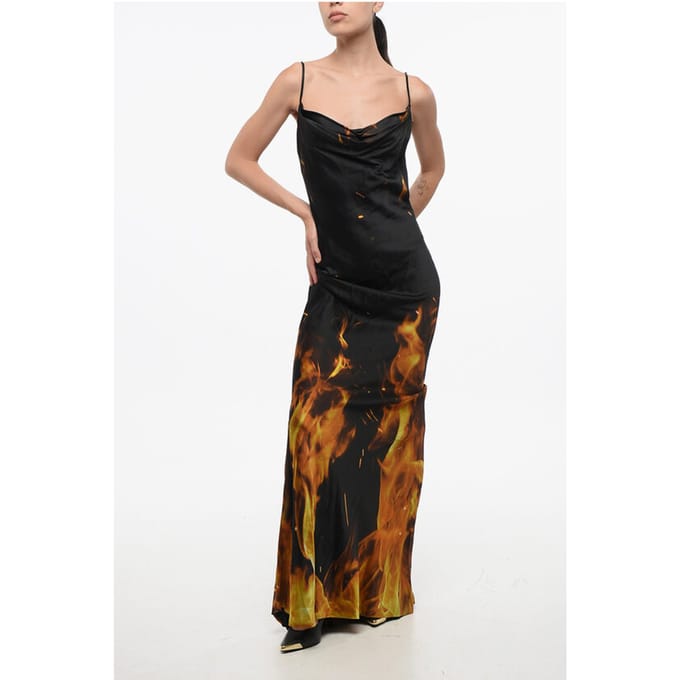 Satijnen lange jurk met vlammenprint in Arancio, Nero