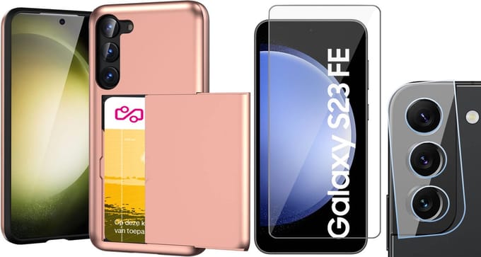 Hoesje met Pasjeshouder geschikt voor Samsung Galaxy S23 FE - Screenprotector GlassGuard & Camera Lens Screen Protector - Back Cover SlideCase Roségoud