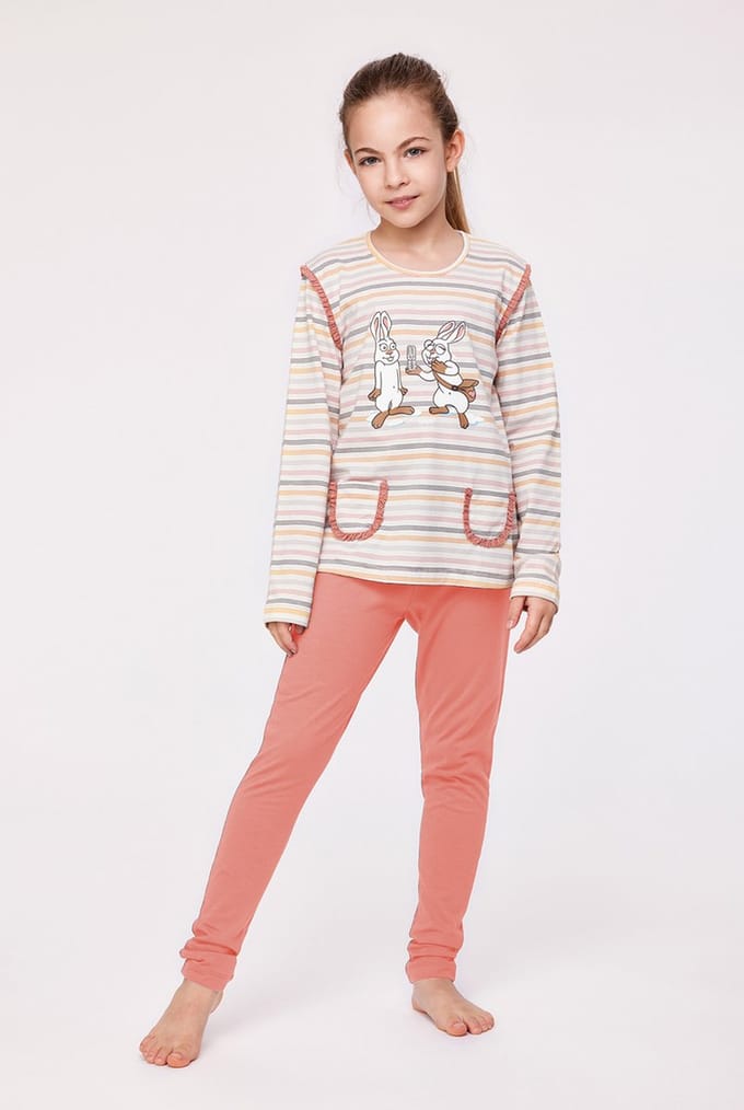 Woody pyjama meisjes/dames - multicolor gestreept - haas - 232-10-PLG-S/930 - maat 164