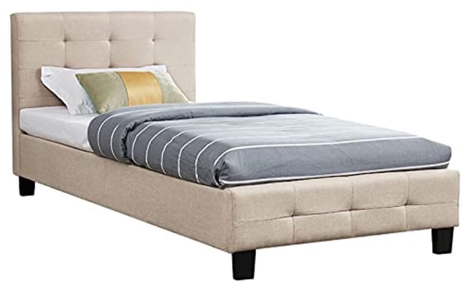 Gestoffeerd Eenpersoonsbed 90 x 200 cm - Modern Design Bedframe met Lattenbodem - Beige Textielbed