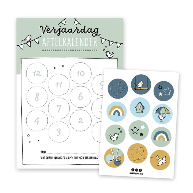 Thuismusje Aftelkalender Verjaardag - Groen - A4 formaat - inclusief 12 stickers