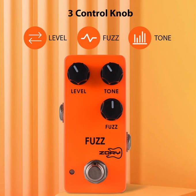 ZORY Gitaar Fuzz Effectpedaal LEVEL/TONE/FUZZ Veelzijdige Regelaars DC 9V 6.35mm Ingang/Uitgang oranje