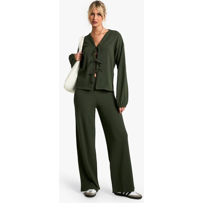 boohoo Dames Geribbelde Blouse met Voorstrik en Broek Co-ord | Kaki | Maat: 36