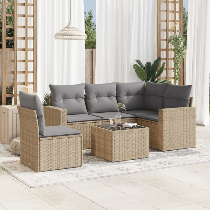 vidaXL - 6-delige - Loungeset - met - kussens - poly - rattan - beige