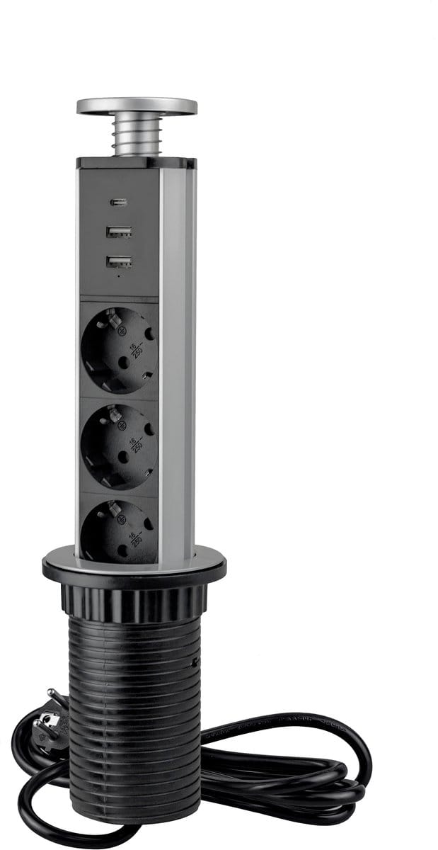Emuca Vertikal uitschuifbare multi-connector, 3 x Schuko-plug, 1 x USB Type A, 1 x USB Type C, Plast