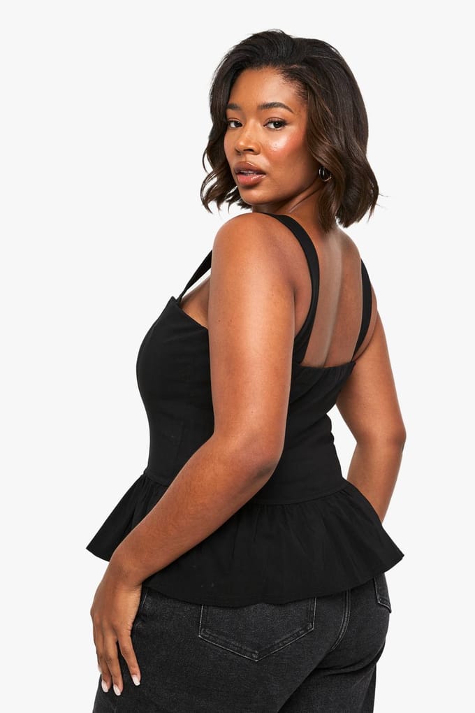 boohoo Dames Plus bengalinetop met peplum top | Zwart | Maat: 56