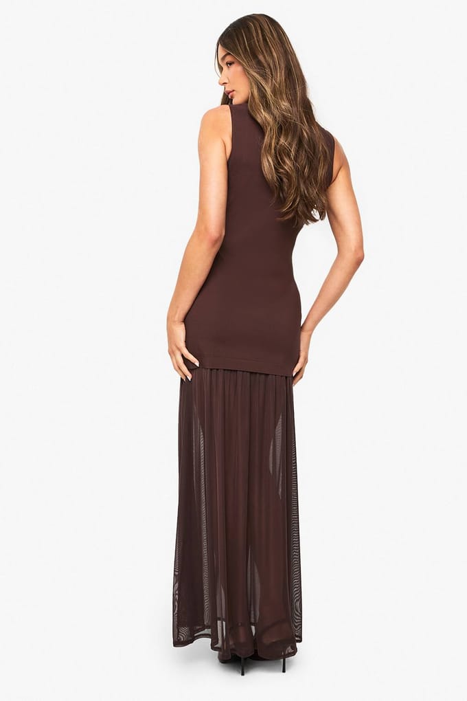 boohoo Dames Sheer Hem Mouwloze Maxi Jurk | Chocolate | Maat: 12