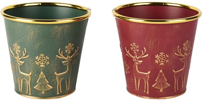 Dekoratief | Bloempot 'Deer', rood/groen, metaal, 13x13x12cm, set van 2 stuks | A255570
