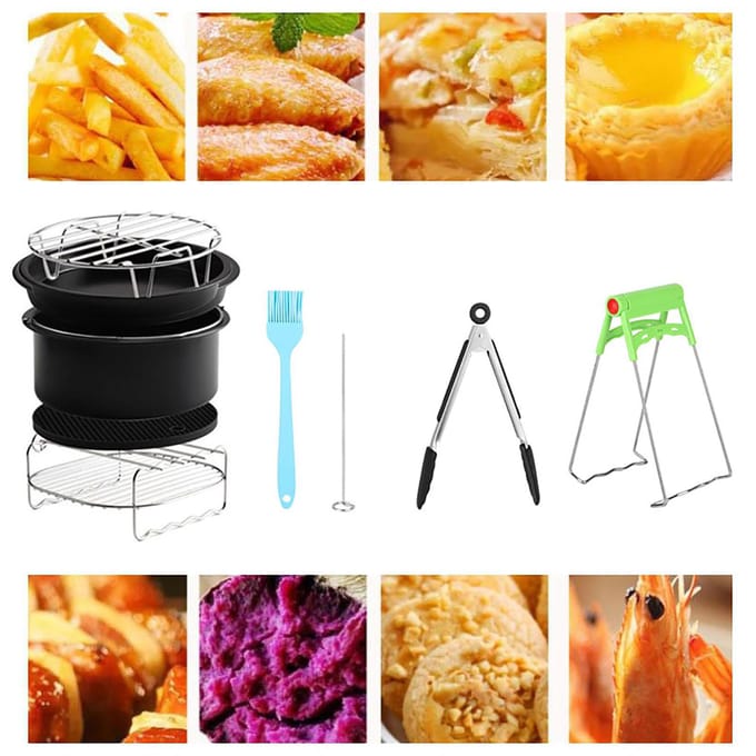 Kit de friteuse à air chaud universel 7 pouces (12 pièces) avec panier à gâteaux et accessoires black