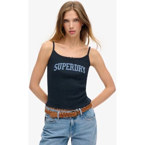 Superdry Athletic Essentials Pointelle Camitop met Print Blauw Grootte: 34-36