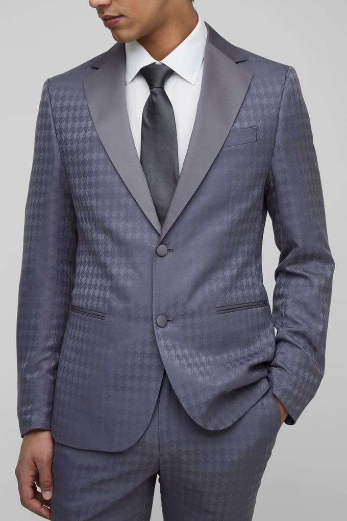 Tonal Houndstooth Slim Fit Single Breasted Jacket | Charcoal | Size 44