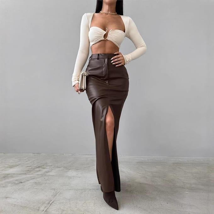 Dames Leer Design Split Effen Kleur Hoge Taille Simpele Leer Slanke Rok S wit