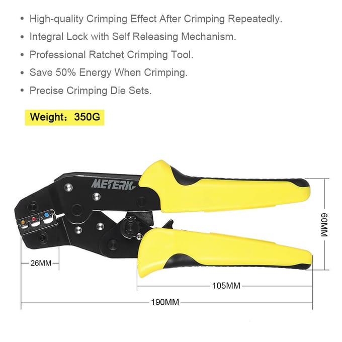 Meterk Professionele draadcrimper Engineering Ratchet Terminal Krimptang 24-14AWG(0.25-2.5mm2) yellow