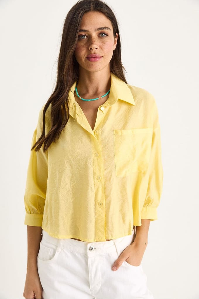 Textured Crop Shirt met Knopen-sluiting en Pocket