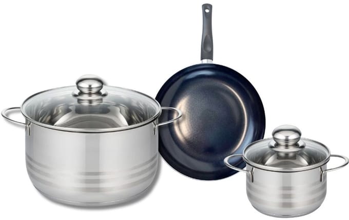 Set van 1 Koekenpan 20 cm en 2 kookpotten 14 en 24 cm Elo Prima Glanzend