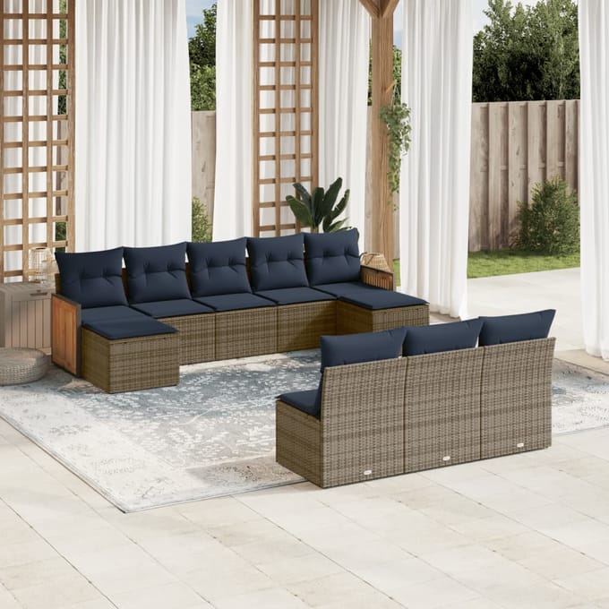 vidaXL - 10-delige - tuinbankset - met - kussens, - grijs - polyrotan