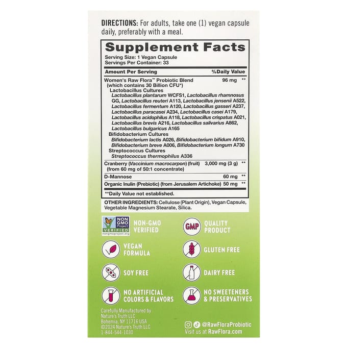 Vérité Naturelle, Soin Féminin, Probiotique-18 RAW Flora™, 33 Capsules Végétales